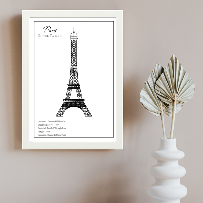 Buy a beautifully crafted Eiffel Tower blueprint portrait made with real ink on A4 paper. This architectural wall art is pen-plotted and available in Wood, White, and Black frames. A perfect gift for architecture lovers, Paris fans, and elegant home décor.