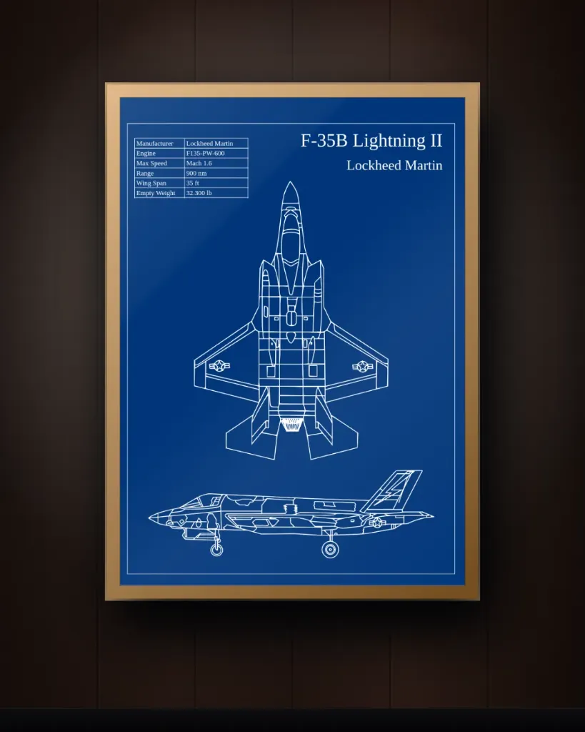 F-35B Fighter Jet Blueprint Wall Art – Military Aircraft Print (Wood)