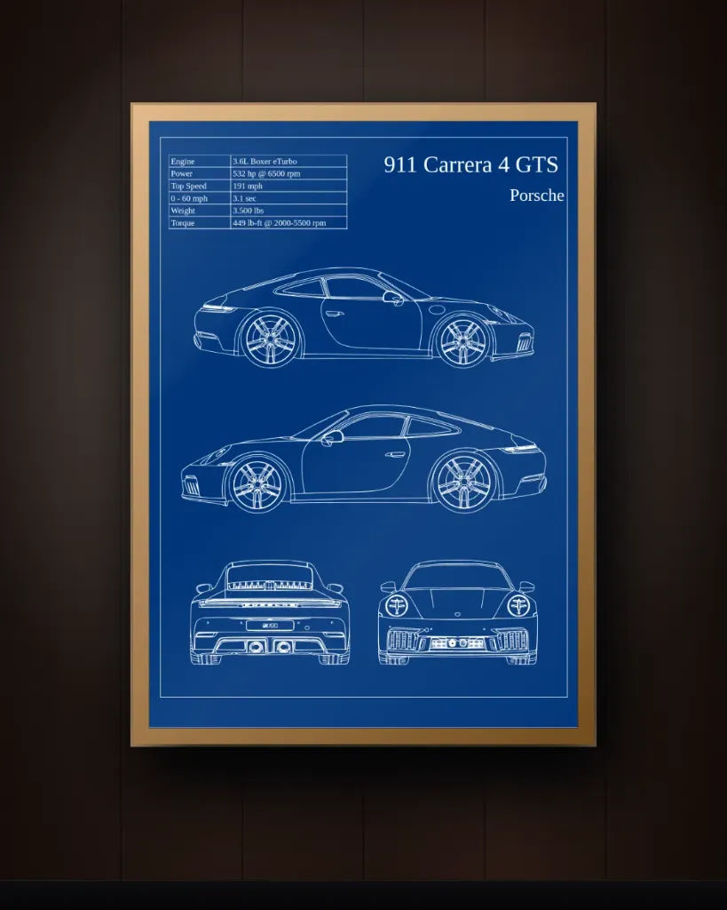 Porsche 911 Blueprint Wall Art – Automotive Engineering Poster (Wood)