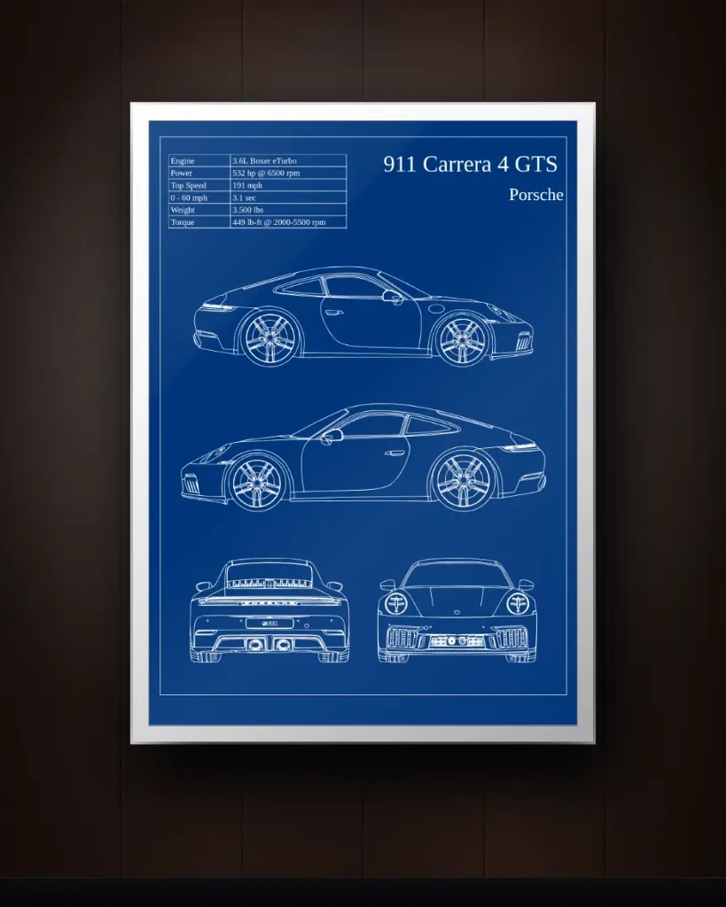 Porsche 911 Blueprint Wall Art – Automotive Engineering Poster