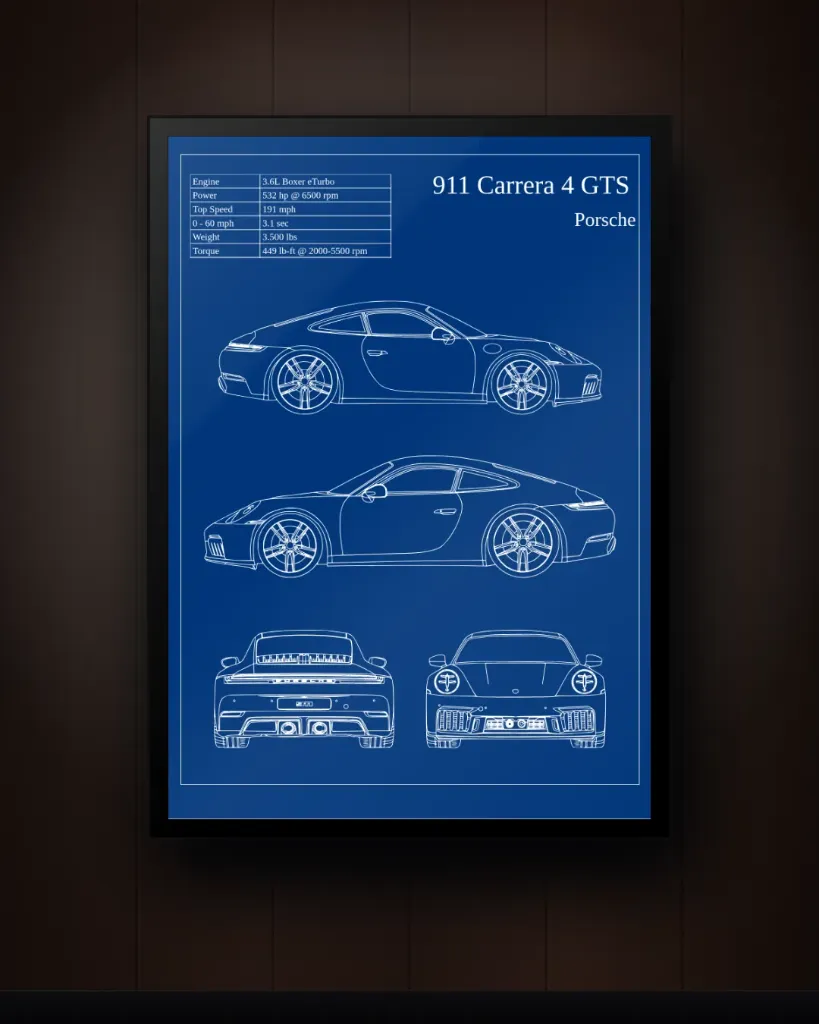Porsche 911 Blueprint Wall Art – Automotive Engineering Poster
