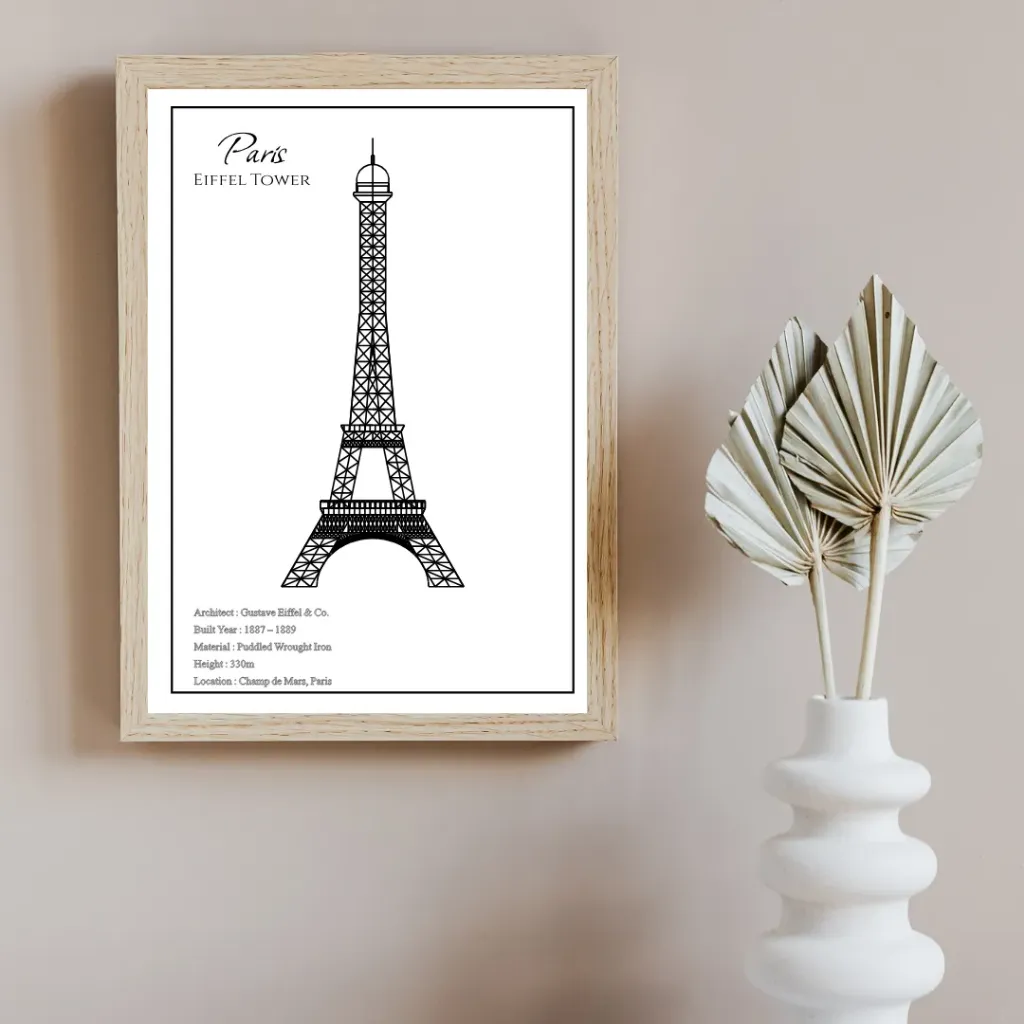 Modern Architecture Blueprint Wall Art - Eiffel Tower -Building Technical Drawing Print (Wood)