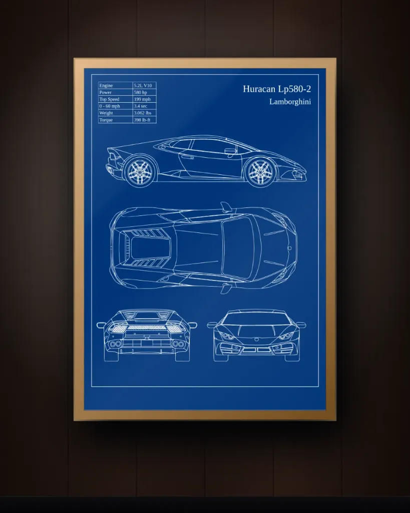 Lamborghini Huracán LP580-2 Blueprint Wall Art – Car Technical Drawing Print (Wood)