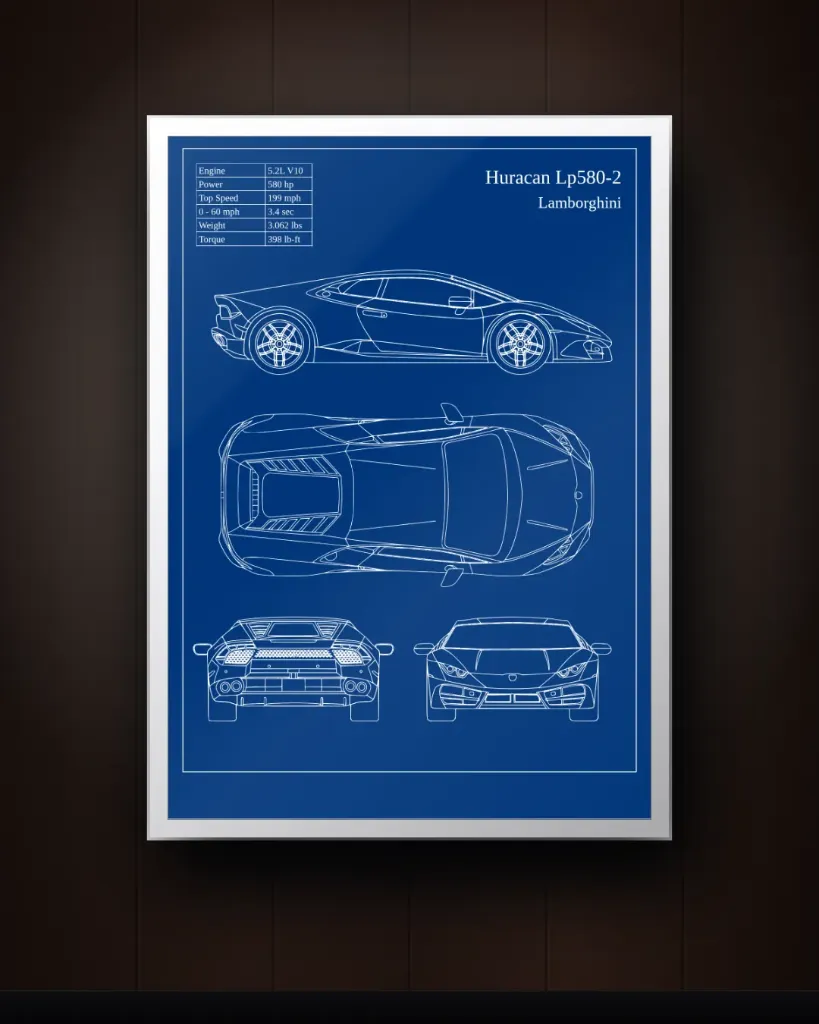Lamborghini Huracán LP580-2 Blueprint Wall Art – Car Technical Drawing Print