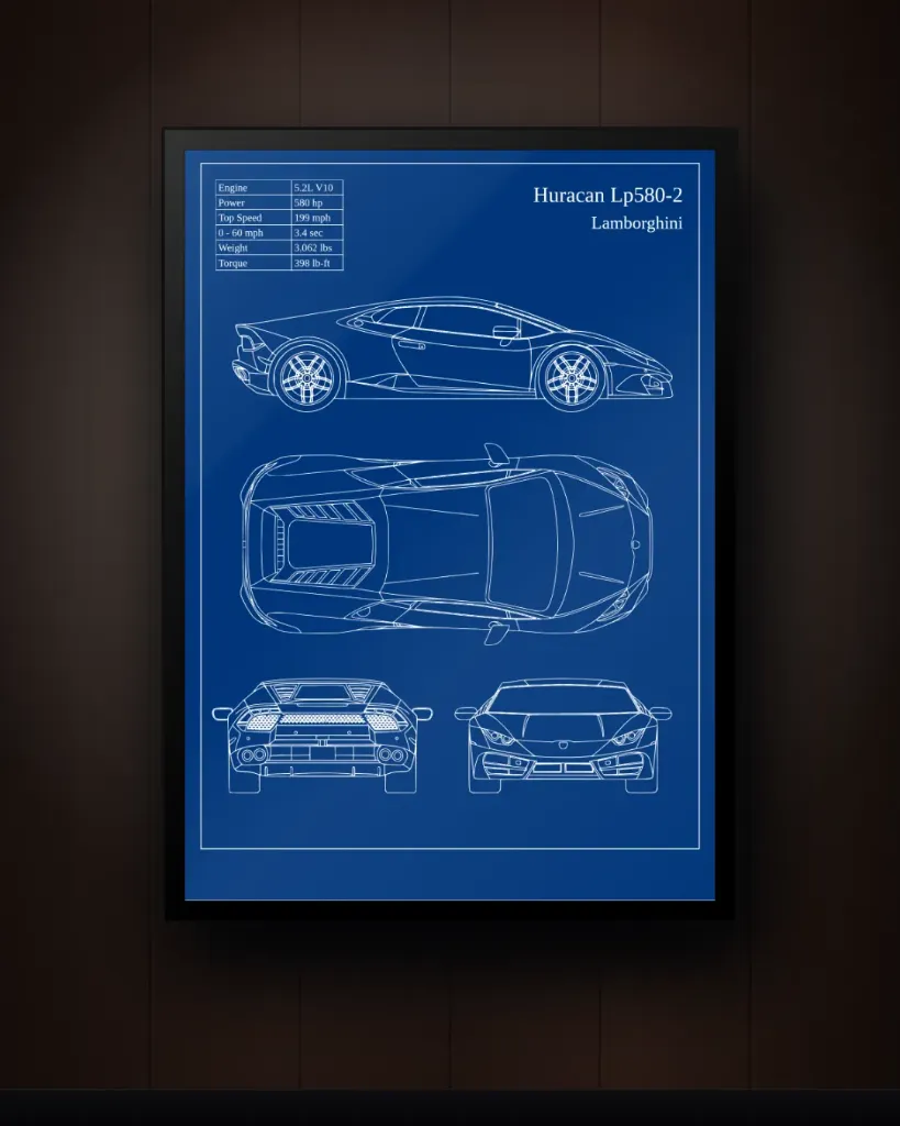 Lamborghini Huracán LP580-2 Blueprint Wall Art – Car Technical Drawing Print